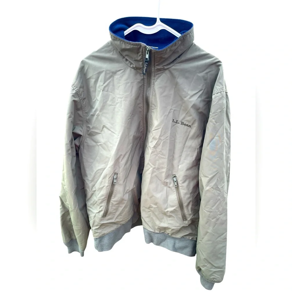 LL Bean men’s jacket coat size large khaki/blue/full zip/lined VGUC